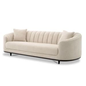 Designer luxurious Sofa Agostino by Eichholtz in pavilion sea green or nuoro beige finish with black feet. 3 seater with vertical tufting