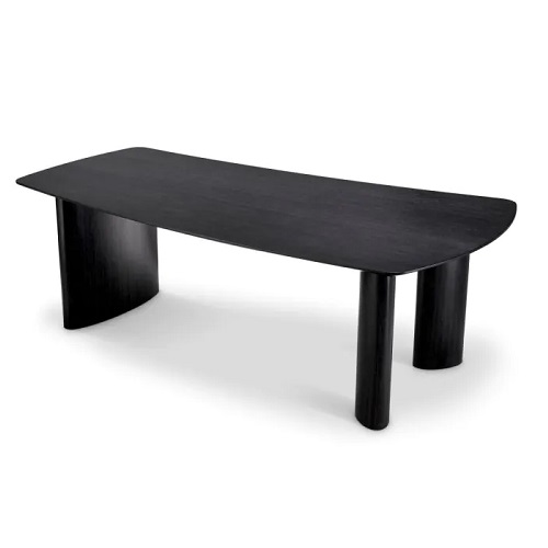 Designer Dining Table Bergman S by Eichholtz in natural oak veneer or charcoal grey oak veneer finish. Rectangular silhouette with three elliptical tapered legs