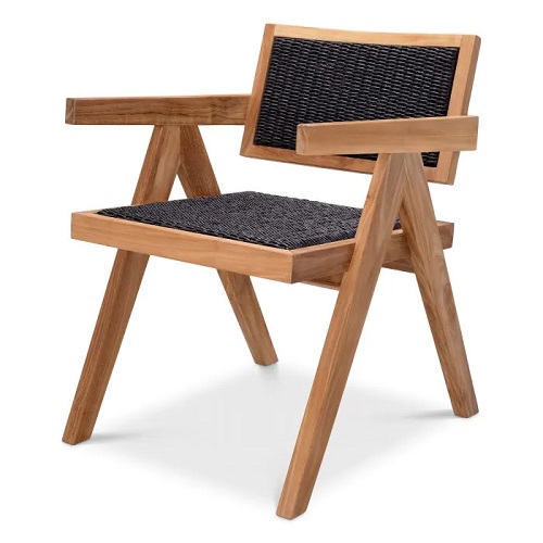 Outdoor Dining Chair Kristo by Eichholtz in natural teak with natural or black polyethylene weave.