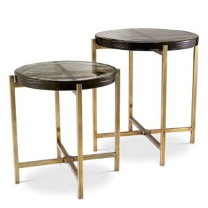 Designer Side Table Haymann by Eichholtz in vintage brass finish with handmade glass tabletop in a set of 2