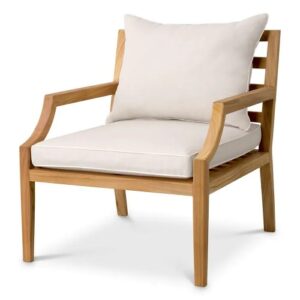 Outdoor Chair Hera by Eichholtz in natural teak with flores off-white upholstery. Includes outdoor cushion set