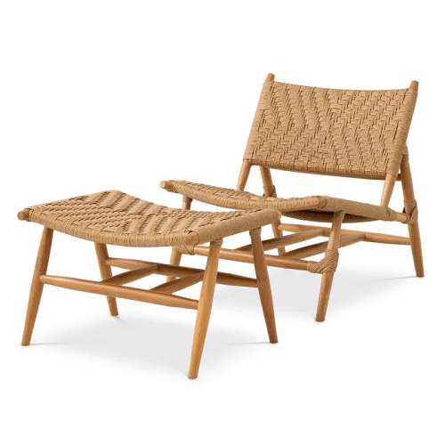 Outdoor Chair and Foot Stool Laroc by Eichholtz in natural teak with natural colour weave