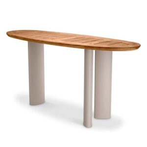 Outdoor Console Table Free Form by Eichholtz with a natural teak top and sand finish legs
