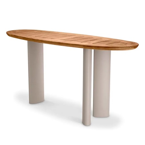 Outdoor Console Table Free Form by Eichholtz with a natural teak top and sand finish legs