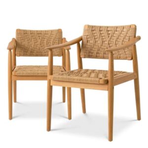 Outdoor Dining Chair Coral Bay by Eichholtz made from natural teak and natural colour weave. Features a set of 2