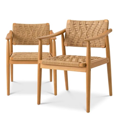 Outdoor Dining Chair Coral Bay by Eichholtz made from natural teak and natural colour weave. Features a set of 2
