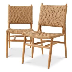 Outdoor Dining Chair Laroc by Eichholtz made from natural teak and natural colour weave. Features a set of 2