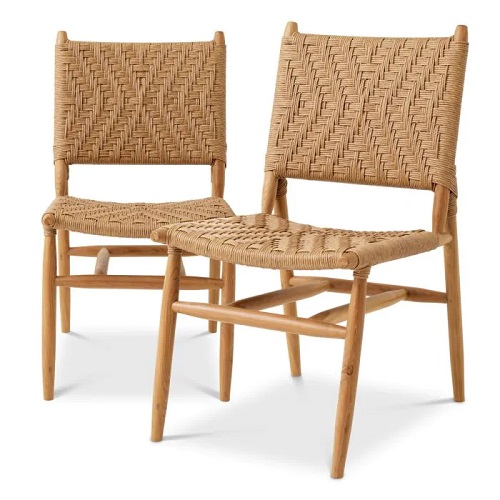 Outdoor Dining Chair Laroc by Eichholtz made from natural teak and natural colour weave. Features a set of 2