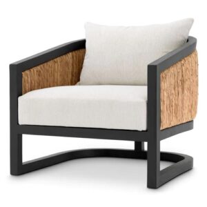 Designer Chair Aruba by Eichholtz in classic black finish / natural rattan and sentier cream fabric