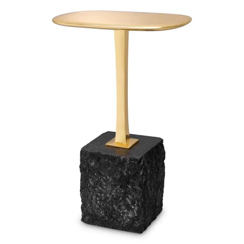Designer Side Table Kayan S by Eichholtz with a polished brass top and a black granite base