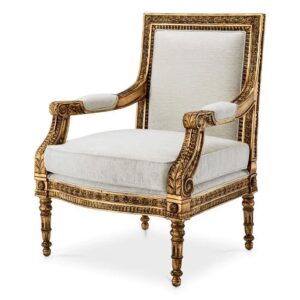 The neoclassical designed Chair Louis by Eichholtz in antique gold finish with sentier cream upholstery