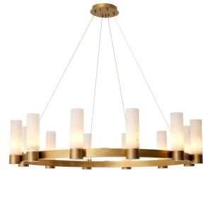 Designer Chandelier Castro by Eichholtz in an antique brass finish. Features 12 radiant alabaster cylinders