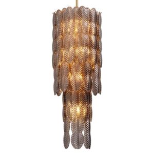 Luxurious Chandelier Sahure L by Eichholtz in brushed brass finish with smoke glass.