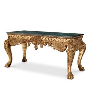 Luxurious Console Table Matthias by Eichholtz in antique gold finish beautifully hand crafted with intricate details. Features a green marble top