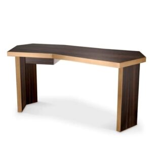 Designer Desk Xenon by Eichholtz in high gloss smoked eucalyptus veneer and brushed brass