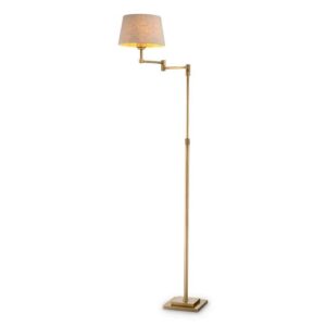 Elegant Floor Lamp Corbin in brushed brass finish with a grey velvet shade or brushed brass finish with a linen mix shade
