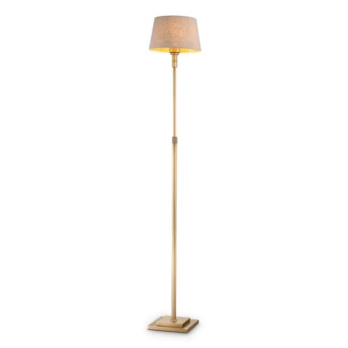 Elegant Floor Lamp Tryon in brushed brass finish with a grey velvet shade or brushed brass finish with a linen mix shade