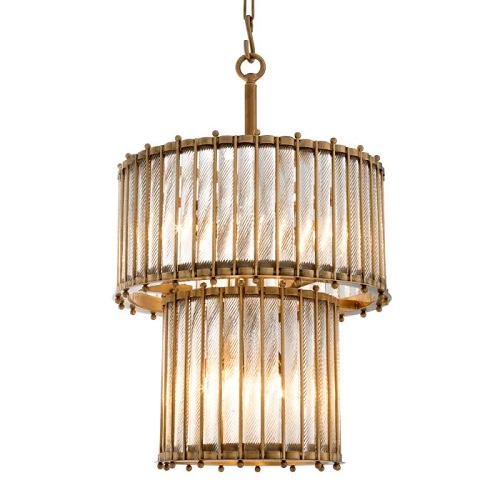 Designer Lantern Tiziano Double by Eichholtz in antique brass finish / handmade clear glass