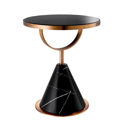 Designer Side Table Park Lane by Eichholtz in black faux marble and brushed copper finish. Features a round tabletop and conical base