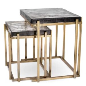 Designer Side Table Niemeyer (set of 2) by Eichholtz in a vintage brass finish with handmade glass tabletop
