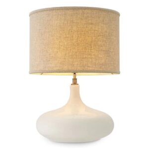 Designer Table Lamp Jones by Eichholtz in cracked white ceramic and antique brass finish. Includes linen mix shade