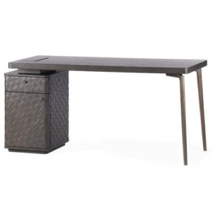 Designer Desk Fiji by Eichholtz in woven oak veneer with a bronze finish. Feature one drawer and one shelf for storage
