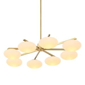 Designer Chandelier Evergreen Double with antique brass finish featuring eight resplendent ovals of luminous white glass