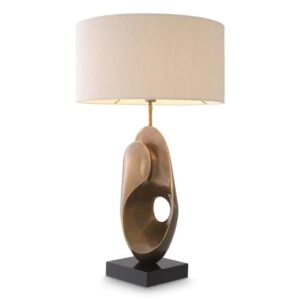 Designer Table Lamp D'Ancone by Eichholtz in a vintage brass finish with a black granite base. Includes boucle shade