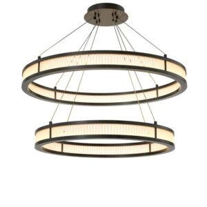 Designer Chandelier Damien Double by Eichholtz in antique brass finish with frosted glass or bronze highlight finish with frosted glass. Rings can be hung in any desired position
