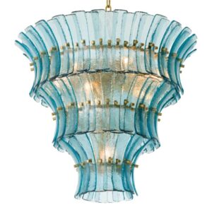 Designer Chandelier Toscano by Eichholtz in antique brass finish with hand-blown blue glass or hand-blown smoke glass