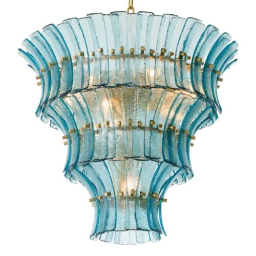 Designer Chandelier Toscano by Eichholtz in antique brass finish with hand-blown blue glass or hand-blown smoke glass