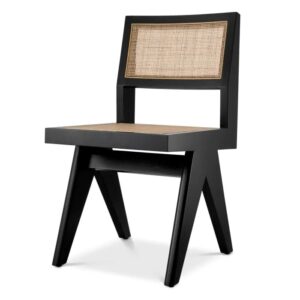 Luxurious Niclas Dining Chair by Eichholtz in classic black or brown with rattan cane webbing seat and back. Features V shaped legs.